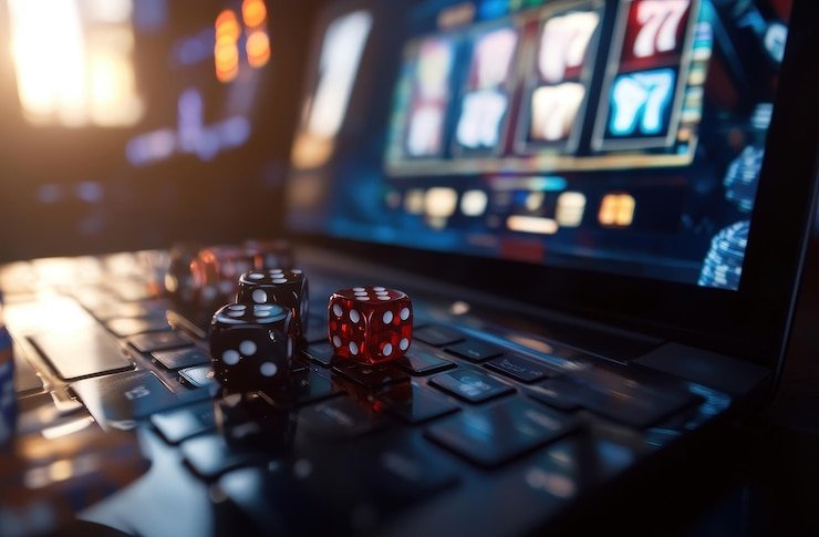 Meja permainan casino dengan kartu remi dan roda roulette secara profesional ditata